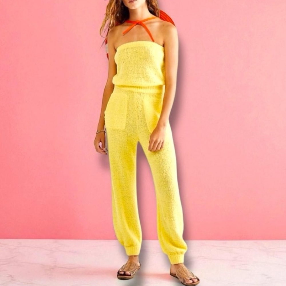 Free People Yellow Strapless Knit Jumpsuit with Orange Halter Tie